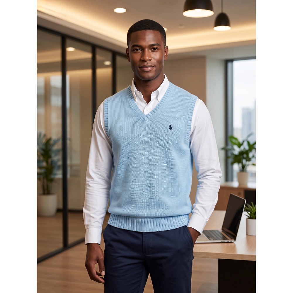 Polo Ralph Lauren Mens Blue Cotton V-Neck Sweater Vest Medium Navy Pony Logo